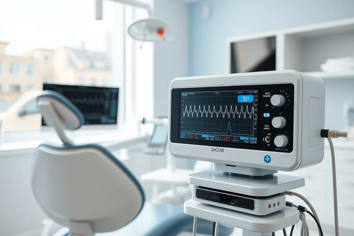 Monitor multiparamétrico ao lado da cadeira odontológica, exibindo traçado de ECG, oximetria e capnografia durante a sedação