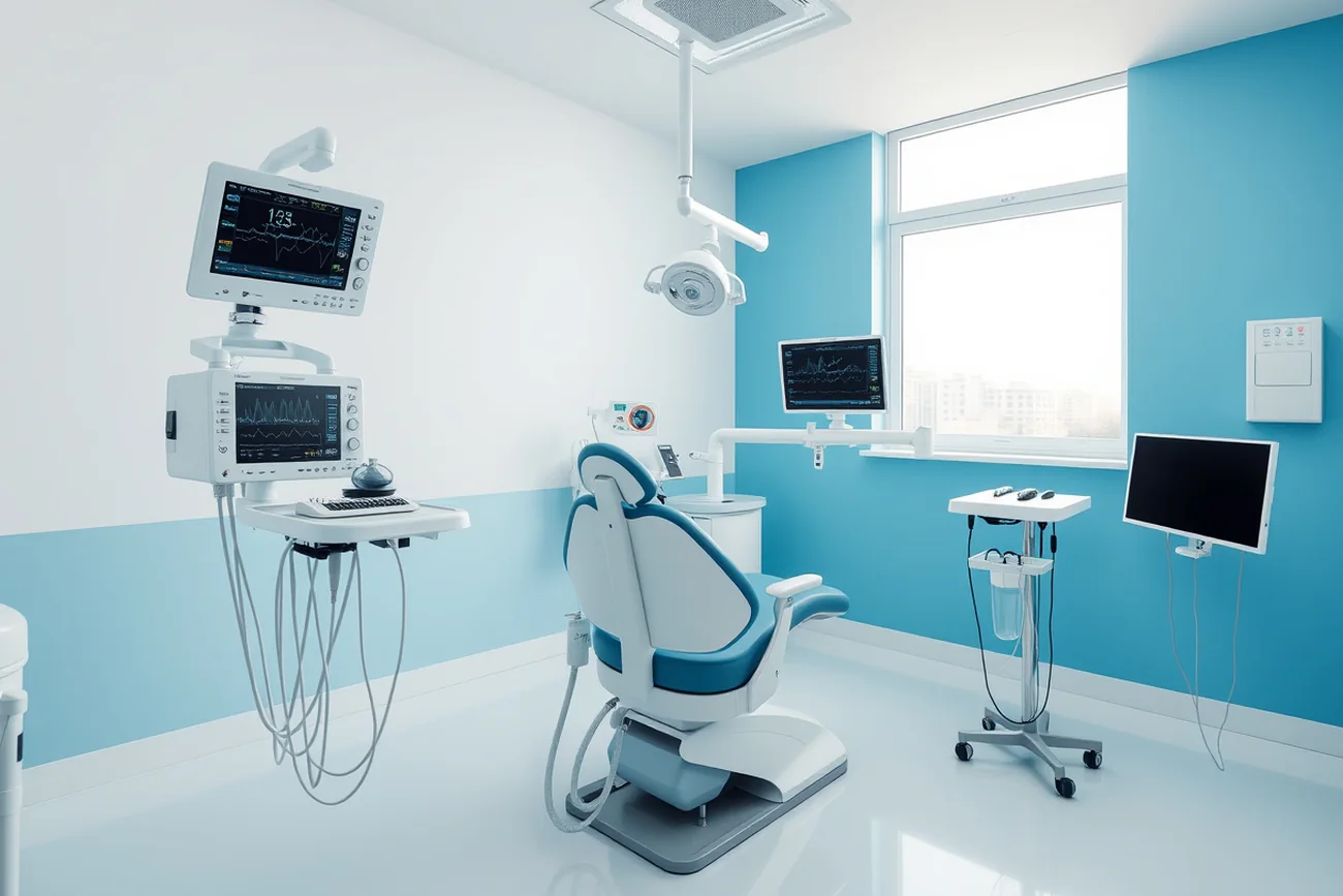 Consultório odontológico preparado para sedação, com cadeira, monitor multiparamétrico e suporte de infusão